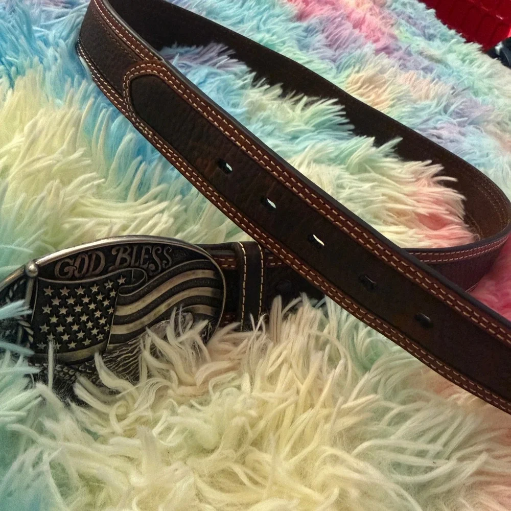 Ariat Leather Belt Mens 32 Patriotic Eagle Nocona God Bless America belt buckle